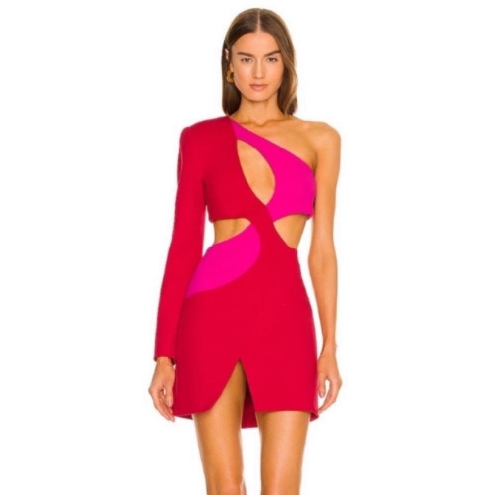 PatBo Dress One Sleeve Cut Out Mini in Cherry Red Fuschia Pink